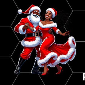 Könnte beinhalten: Eine digitale Illustration von einem Weihnachtsmann und einer Frau in einem rot-weißen Weihnachtskleid, die zusammen tanzen. Die Frau hat langes schwarzes Haar und trägt ein rotes Kleid mit weißen Verzierungen. Der Weihnachtsmann trägt einen roten Anzug mit weißen Verzierungen und einen weißen Bart. Der Hintergrund ist schwarz.