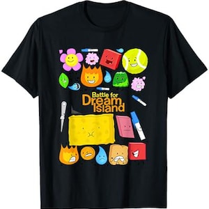 Puede incluir: Camiseta negra con un diseño gráfico colorido con personajes de dibujos animados y el texto "Battle for Dream Island". El diseño incluye una esponja amarilla, una pelota de tenis y otros objetos animados.