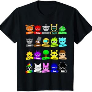 Könnte beinhalten: Schwarzes T-Shirt mit einem farbenfrohen Grafikdesign von Cartoon-Charakteren, darunter "Oliver", "Buddy" und "Fun Bot". Das Design zeigt verschiedene Kreaturen mit unterschiedlichen Merkmalen und leuchtenden Farben, ideal für den Alltag.