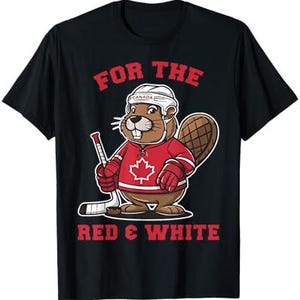 May include: Black t-shirt with a cartoon beaver wearing a hockey jersey and holding a hockey stick. The beaver is wearing a helmet with "Canada" written on it. The text "For the Red & White" is printed on the shirt.