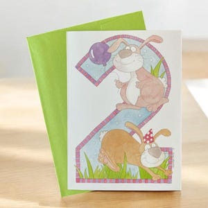 2nd birthday card cute bunnies, illustrated kids greeting card, hand painted kids card, animal card children