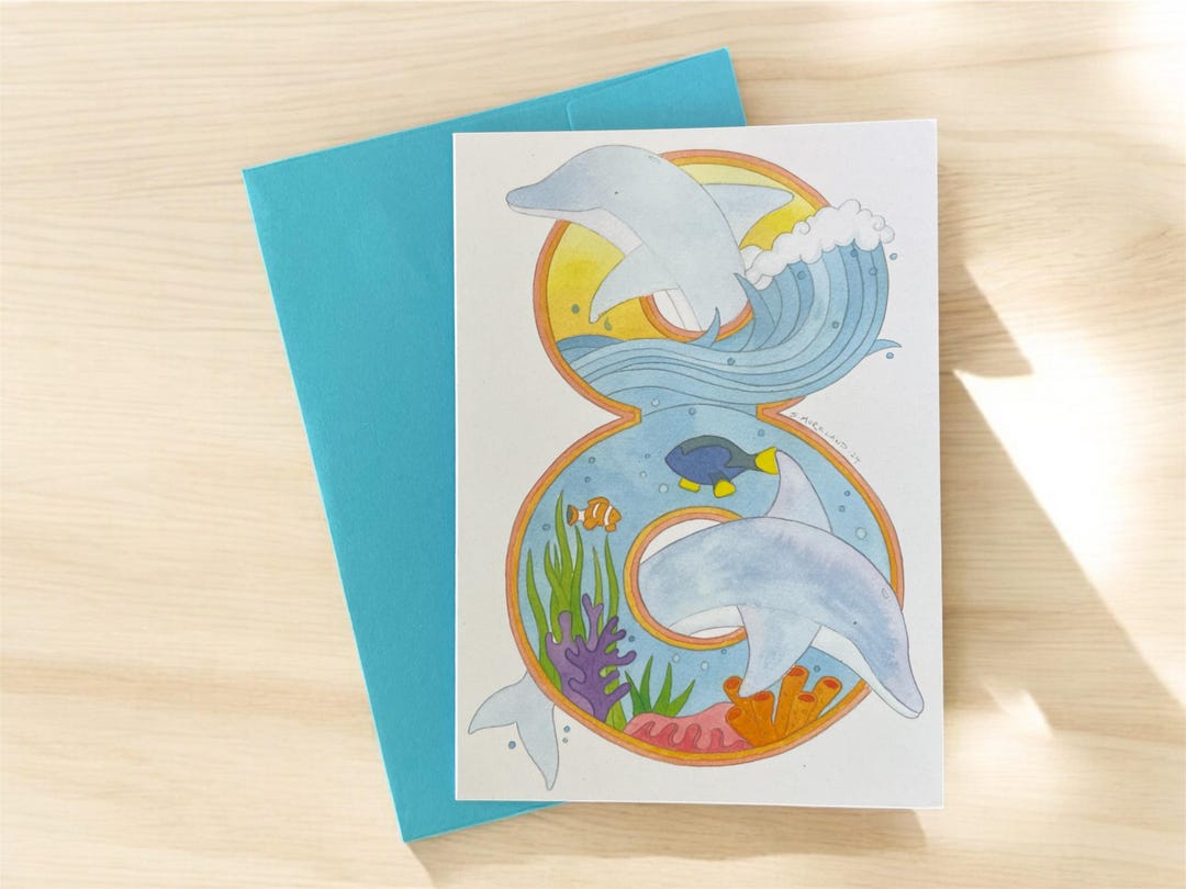 8th Birthday Card: Dolphin Ocean Theme Greeting Card - Etsy