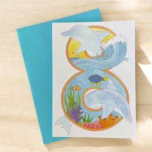 8th birthday card dolphin, dolphin birthday card, kids birthday card dolphin, 8th birthday card kids, dolphin theme birthday card