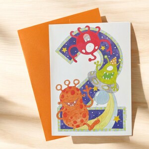 2nd birthday card alien monster, monster birthday card, alien birthday card, fun alien monster kid card, hand painted greeting card