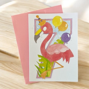 Karte zum siebten Geburtstag: Handgemalte Flamingo Grußkarte