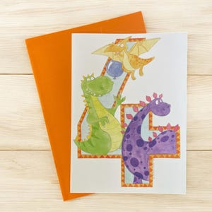 Biglietto di compleanno per il 4° compleanno dinaso, biglietto di compleanno con dinosauro, biglietto di compleanno divertente per bambini con dinosauro, biglietto di compleanno dipinto a mano, biglietto a tema dinosauro, biglietto numero 4