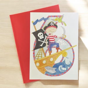 Cartão de aniversário pirata, cartão de aniversário de 6 anos pirata, cartão de aniversário de 6 anos para crianças, cartão de pirata divertido para crianças, cartão de aniversário de 6 anos colorido, cartão pintado à mão
