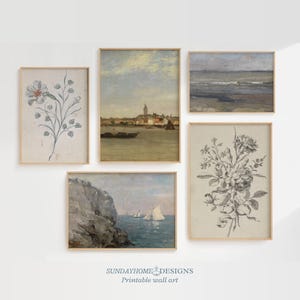 SET OF 5 Vintage Wall Art Prints | Botanical Floral Landscape Seascape Digital Download Gallery Timeless Wall Decor French Farmhouse Art