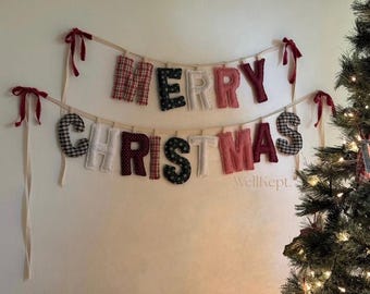Merry Christmas Fabric Banner: Handmade Holiday Sign, Hanging Decor, Festive Letter Banners