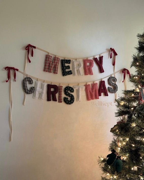 Merry Christmas Fabric Banner: Handmade Holiday Sign, Hanging Decor, Festive Letter Banners