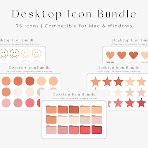 May include: A set of 75 desktop icons in a bundle. The icons are in various colors, including red, orange, pink, and white. The icons are organized into five categories: smiley faces, hearts, circles, stars, and folders. The text "Desktop Icon Bundle" appears at the top of each category.