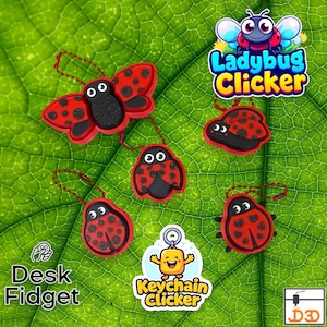 May include: A collection of red and black ladybug-shaped keychains and desk fidgets. The ladybugs have black spots and are on a green leaf. The image includes the text "Ladybug Clicker", "Desk Fidget", and "Keychain Clicker".