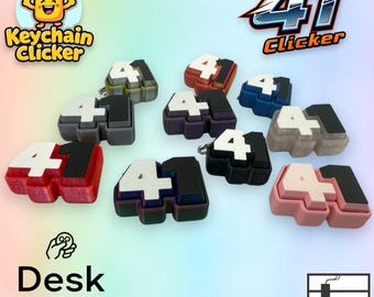 Peut inclure: Plusieurs jouets de bureau en forme de chiffre 41. Ces clickers porte-clés sont de couleurs variées, notamment rouge, noir, bleu et rose, avec des détails blancs et noirs. Les textes "Keychain Clicker" et "Desk Fidget" sont également visibles.