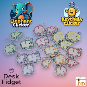 May include: A collection of elephant-shaped fidget clicker keychains in various colours including green, pink, orange, yellow, and purple. Each keychain features a small metal chain and a stylised elephant outline. Text includes Elephant Clicker, Keychain Clicker, and Desk Fidget.