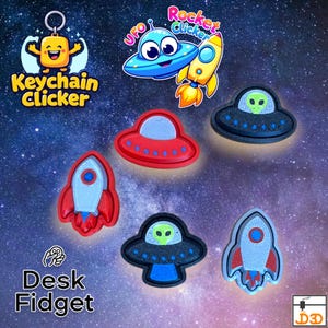 May include: A collection of space-themed fidget toys and keychains. The image features a variety of colorful designs, including rockets, UFOs, and alien characters. Text includes "Keychain Clicker" and "Desk Fidget".