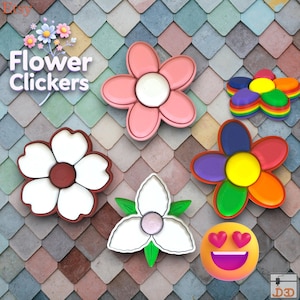 Może przedstawiać: Kolekcja kolorowych klikaczy w kształcie kwiatów, w tym różowe, białe, tęczowe i emoji z oczami w kształcie serca. Tekst "Flower Clickers" jest wyświetlany na biało, z kwiatowym akcentem. Klikacze są ułożone na teksturowanym, wielokolorowym tle.