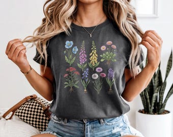 Gepresste Wildblumen Tshirt, botanisches grafisches T-Shirt, Geschenk für Gärtner, Vintage gepresste Blumen Hemd, botanisches Blument-stück Wildblumen Hemd