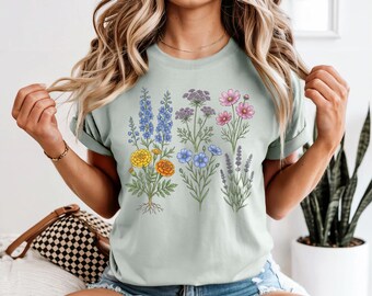 Gepresste wilde Blume Tshirt, Vintage gepresste Blumen Shirt Boho Cottagecore Tshirt, botanische Blumen T-Shirt Wildblumen Shirt, Geschenk für Gärtner