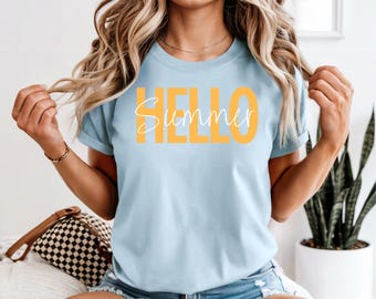 Hello Summer tShirt, med Cute Sunshine Tshirt, Vacation Gifts for Friends, Cute Summer Clothes, Trendy Summer Crewneck, Shirts For Women