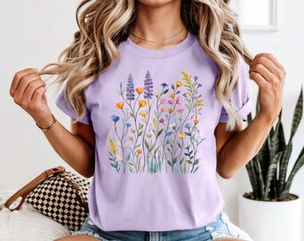 Pressed Wildflower Tshirt, Gift For Gardener, Boho Cottagecore Tshirt, Vintage Pressed Flowers Shirt, Botanical Graphic Tee, floral tshirt