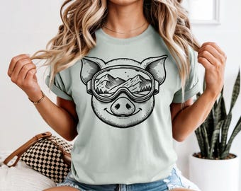 Pig Wearing Ski Goggles, Animal themed Tshirt Skiing T-shirt Cute Ski Shirt friend Birthday Mountain Sport Lover Gift Comfort Colors