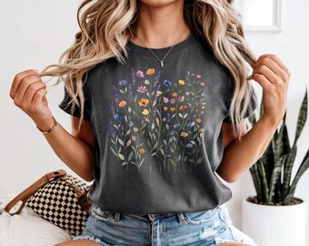 Gepresste Wildblumen-T-Shirt, botanisches Blumen-T-Stück Wildblumen-Shirt, Boho Cottagecore Tshirt, Vintage gepresste Blumen-Shirt