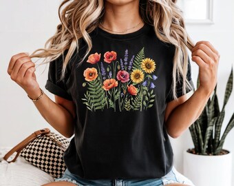 Gepresste wilde Blume Tshirt, Geschenk für Gärtner, Vintage gepresste Blumen Shirt, botanische Blumen T-Shirt Wildblumen Shirt, botanische Grafik T-Shirt