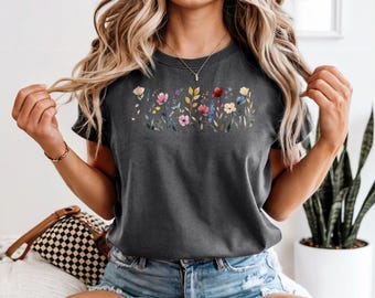 Gepresste Wildblumen Tshirt, Boho Cottagecore Tshirt, Geschenk für Gärtner, Botanische Grafik T-Shirt, Botanische Blumen T-Shirt Wildblumen Shirt
