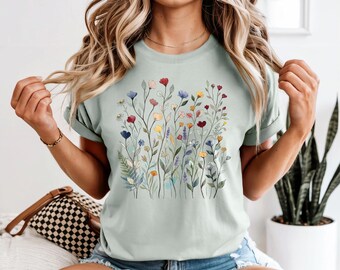 Gepresste Wildblumen Tshirt, Geschenk für Gärtner, Botanisches Grafik T-Shirt, Vintage gepresste Blumen Shirt, Boho Cottagecore Tshirt