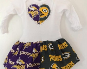 Custom made Inspired Green Bay Packers and Minnesota Vikings House Divided Infant Dress