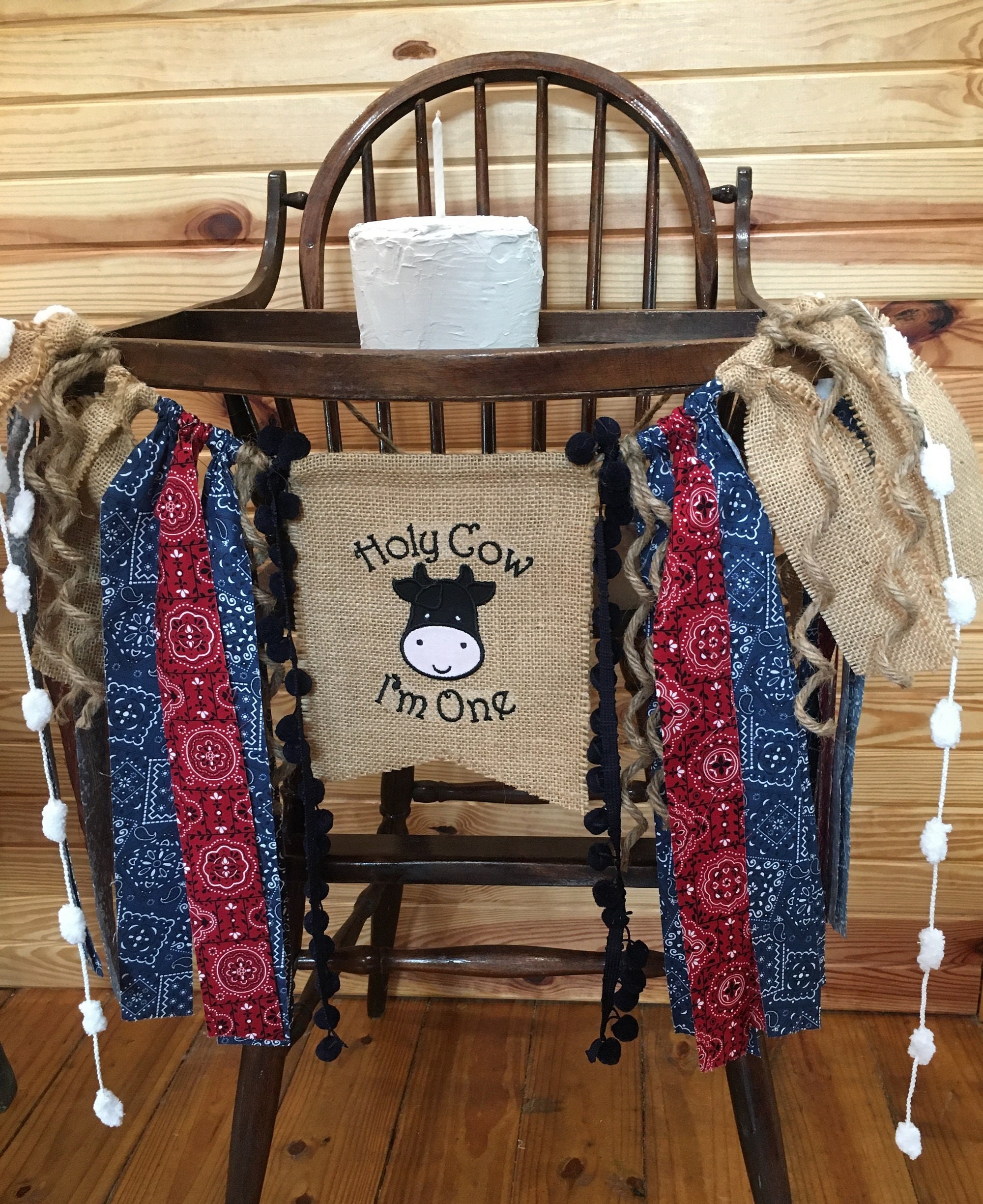 HOLY COW I&#39;M ONE Cowboy Rodeo Birthday Decor Banner-High Chair Birthday Banner