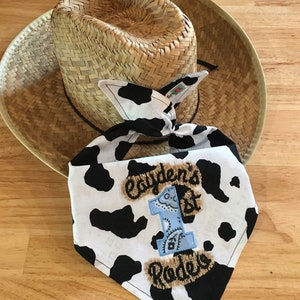 Personalized Cowboy/Rodeo BLUE Bandana 1ST BIB/BURLAP/Double-Sided Bandana Bib/Western/1st Birthday Party-Rodeo Party/Barnyard Farm Party Cow/Blue