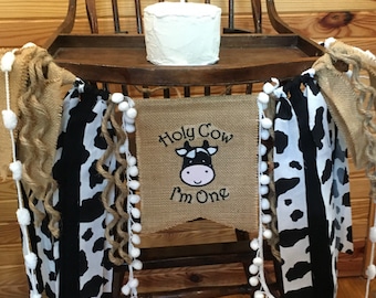 HOLY COW I'M ONE Cowboy Rodeo Birthday Banner-High Chair Birthday Banner-Banners-Birthday Banner-Party Banner-1st Birthday-Farm Party