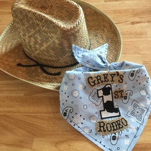 Personalized Cowboy/Rodeo BLUE Bandana 1ST BIB/BURLAP/Double-Sided Bandana Bib/Western/1st Birthday Party-Rodeo Party/Barnyard Farm Party LightBlue/Cow(Shown)