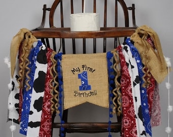 Cowboy Rodeo erste Geburtstagsbanner: Sackleinen Highchair Decor