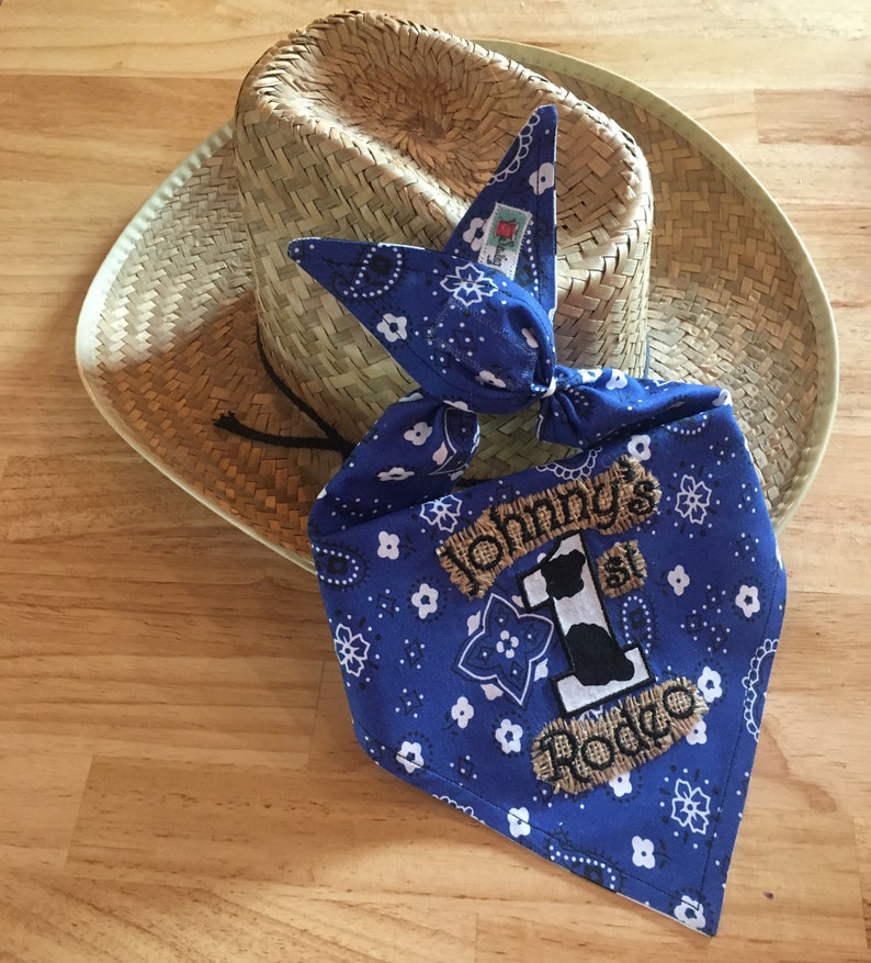 Personalized Cowboy/Rodeo BLUE Bandana 1ST BIB/BURLAP/Double-Sided Bandana Bib/Western/1st Birthday Party-Rodeo Party/Barnyard Farm Party Royal Blue/Cow