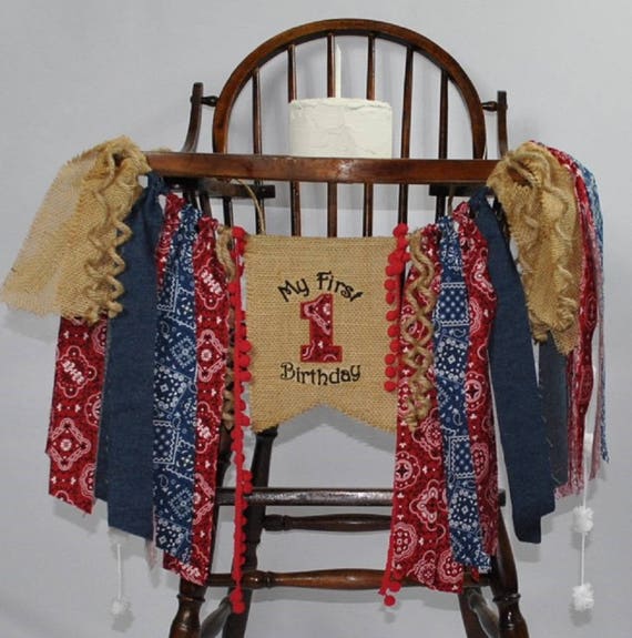 1ST BIRTHDAY Cowboy Rodeo Denim Banner-Bandana Birthday Banner-1st Birthday Highchair Banner-Birthday Banners-Cowboy Banner-Rodeo Party Il_570xn