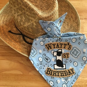 Personalized Cowboy/Rodeo BLUE Bandana 1ST BIB/BURLAP/Double-Sided Bandana Bib/Western/1st Birthday Party-Rodeo Party/Barnyard Farm Party Blue/Cow