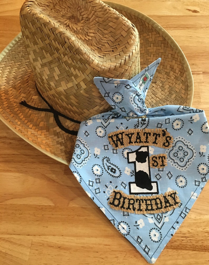 Personalized Cowboy/Rodeo BLUE Bandana 1ST BIB/BURLAP/Double-Sided Bandana Bib/Western/1st Birthday Party-Rodeo Party/Barnyard Farm Party Blue/Cow