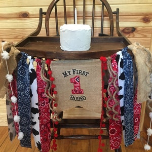 First Birthday Cowboy Rodeo High Chair Banner: Red Bandana Fabric