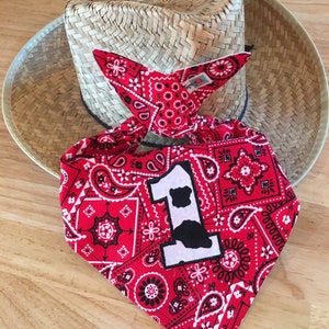 COWBOY/Rodeo NUMBER Bandana 1ST BIB/ Double-Sided Bandana Bib/Western/Farm/Barnyard Party Accessory/1st Birthday Party Outfit/Rodeo Party BrightRed/Cow(Shown)