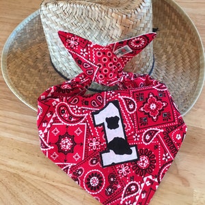 COWBOY/Rodeo NÚMERO Bandana 1ST BIB/ Babero de bandana de doble cara/Occidental/Granja/Barnyard Party Accesorio/1er traje de fiesta de cumpleaños/Fiesta de rodeo BrightRed/Cow(Shown)