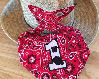 COWBOY/Rodeo NUMBER Bandana 1ST BIB/ Double-Sided Bandana Bib/Western/Farm/Barnyard Party Accessory/1st Birthday Party Outfit/Rodeo Party