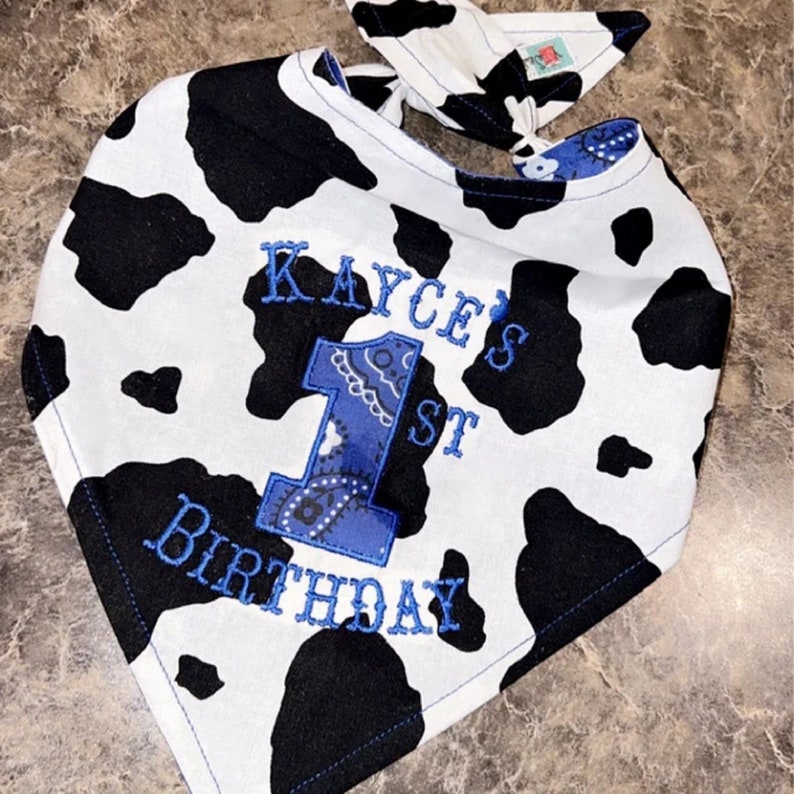 Personalized Cowboy/Rodeo BLUE Bandana 1ST BIB/Double-Sided Bandana Bib/ Western/Farm/1st Birthday Party-Rodeo Party/Barnyard Farm Party Cow/RoyalBlue(shown)