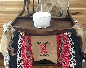 First Birthday Rodeo Banner: Cow Print Denim High Chair Decor