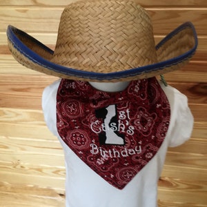 Personalized COWBOY/Rodeo 1ST Bandana BIB/Double-Sided Bandana Bib/ Western/Barnyard Party Accessory/1st Birthday Party Outfit/Rodeo Party Red/Cow (shown)