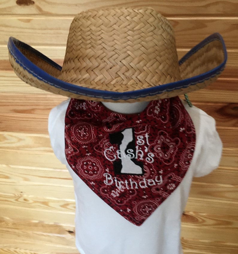 Personalized COWBOY/Rodeo 1ST Bandana BIB/Double-Sided Bandana Bib/ Western/Barnyard Party Accessory/1st Birthday Party Outfit/Rodeo Party Red/Cow (shown)