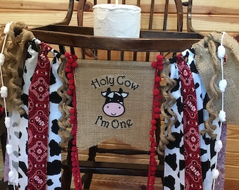 HOLY COW I'M ONE Cowboy Rodeo Birthday Decor Banner-High Chair Birthday Banner-Birthday Party Decor for Kids Banner-1st Birthday