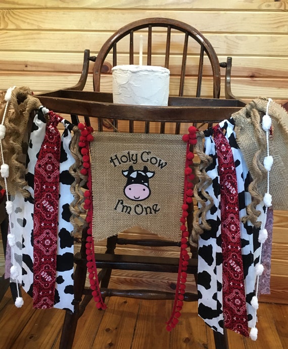 HOLY COW I'M ONE Cowboy Rodeo Birthday Decor Banner-High Chair Birthday Banner-Birthday Party Decor for Kids Banner-1st Birthday Il_570xn