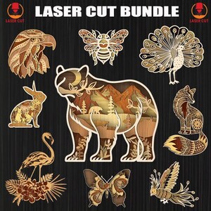 Wildlife Animal Laser Cut Bundle, Bear, Fox, Eagle, Butterfly, Peacock, Bee, Rabbit Nursery/Kids Room Art, Nature Animal Svg Laser Cut